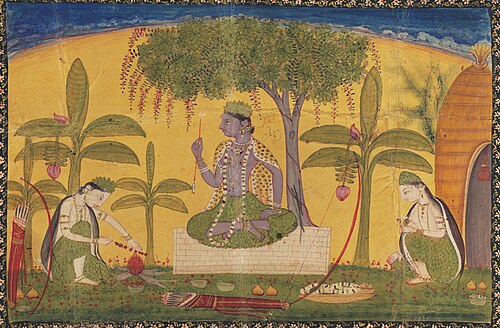 At Panchavati: Lakshmana preparing food and Sita making a garland of flowers, 1800, 