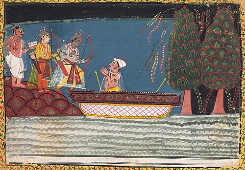 Rama and the boat man Kewat on the banks of river Ganga, 1650, 