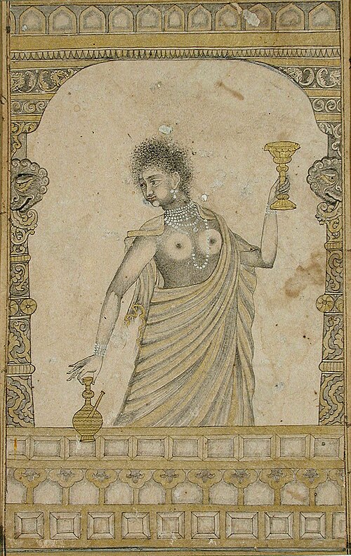 A bare-breasted woman holding a ewer and cup in an archway, , 