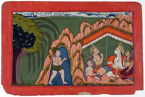 A Bhil hunter approaches a tent where there is a meeting of two monkey leaders, , 