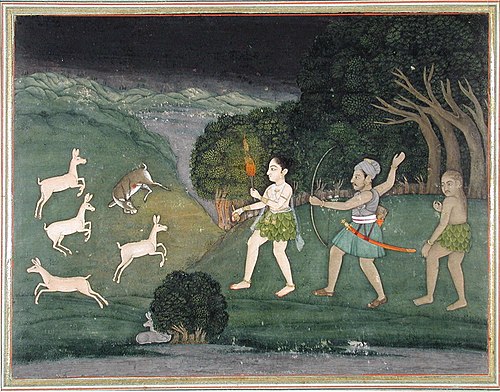 A Bhil hunter with a flare, helping a hunter with a bow to hunt deer at night, , 