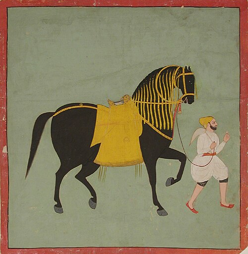 A black horse, with a yellow caparison, on a green background. One morchal bear, , 