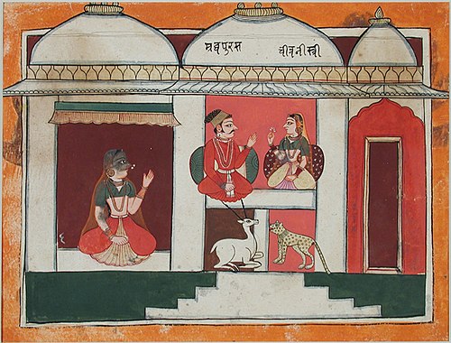 A couple conversing, with deer and leopard below, , 