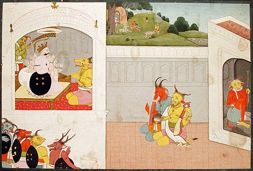 A demon king in a pavilion attended by other demon monsters, , 