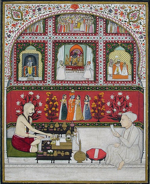 A devotee doing puja at a shrine of Krishna, , 