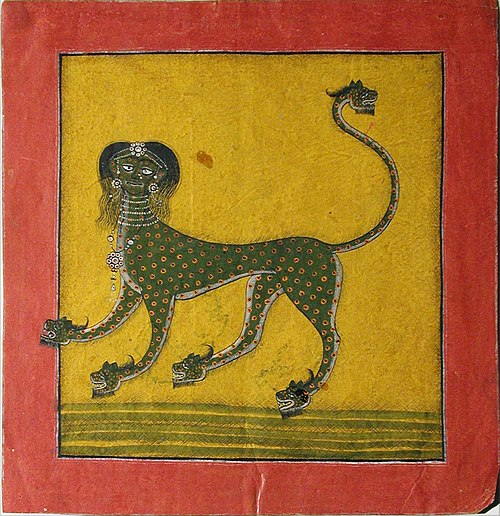 A dragon with woman's head and small dragons' heads for paws and end of tail, , 