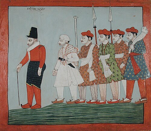 A European traveller with a cane, attended by five soldiers, , 
