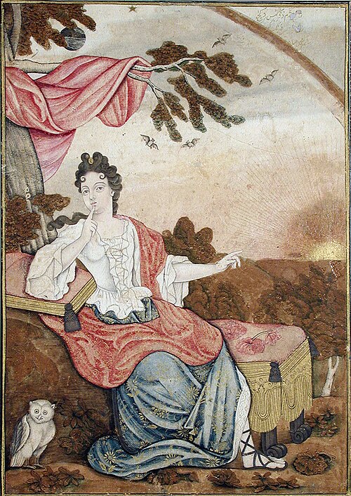 A European woman seated under a branch, with an owl, , 