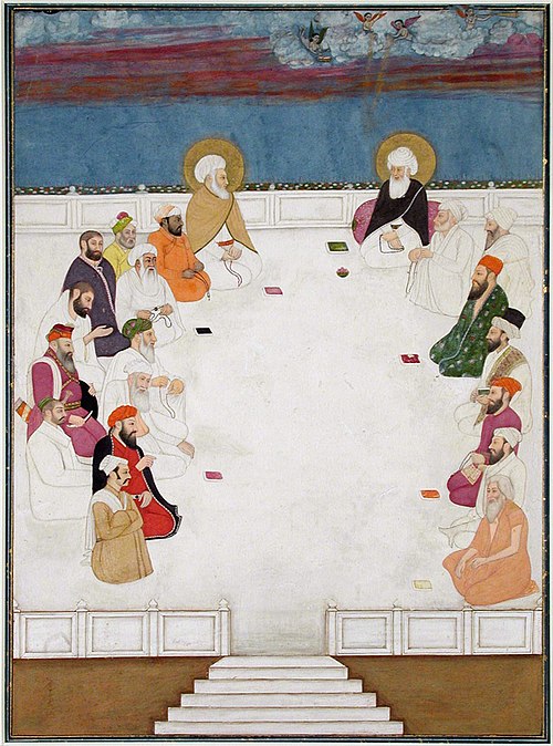 A group of Indian saints and holy men, including Mullah Shah and Aurangzeb, seat, , 