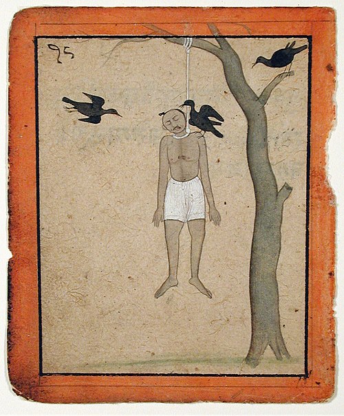 A hanging man's body is regarded by three crows, , 