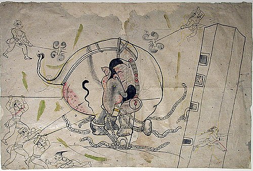 A hobbled, crazed elephant, , 