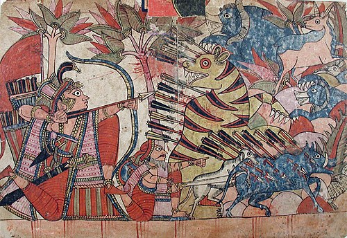 A hunter with an attendant kills animals (tiger, wild boar, etc.), , 