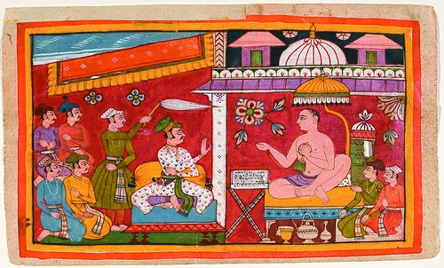 A Jain teacher receives a prince and his retinue (recto); map of the world (vers, , 
