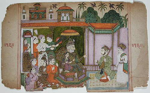 A king and courtiers listen to a musician, , 