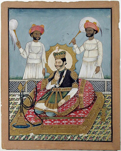 A king of Nepal seated on a terrace with a hookah, with two chauri bearers, , 