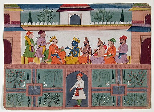 A king receives Krishna in his palace, , 