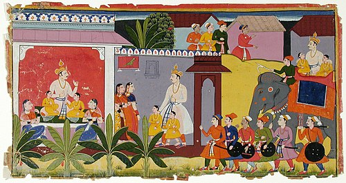 A King with two small boys arrives on an elephant, , 