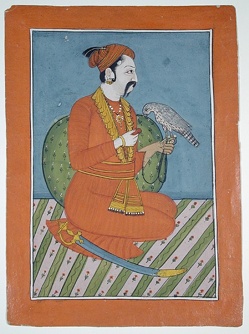 A kneeling raja with his falcon, , 