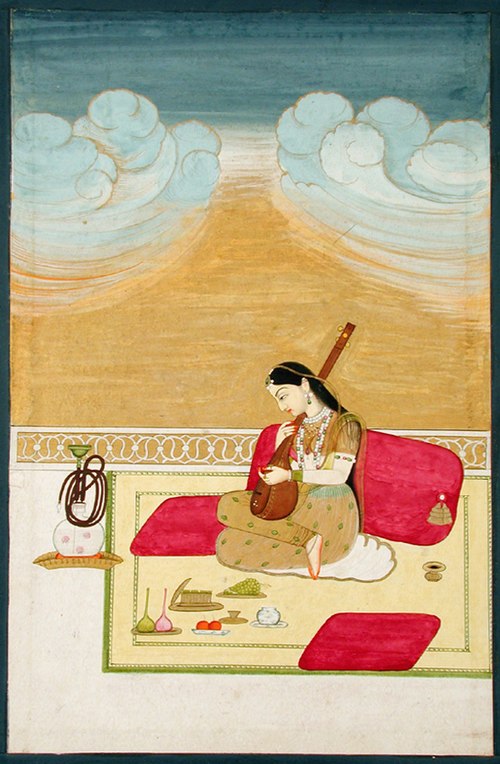A lady seated against a bolster, playing the tambura, , 