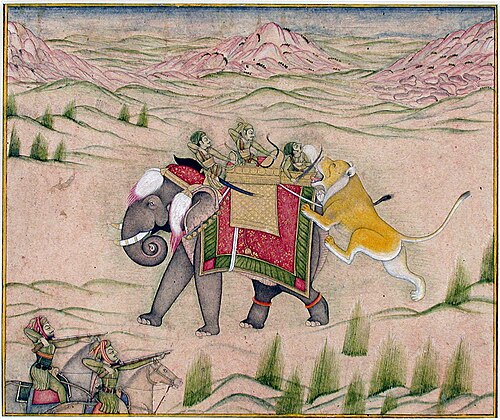 A lion attacks a hunting party atop an elephant, 1810, 