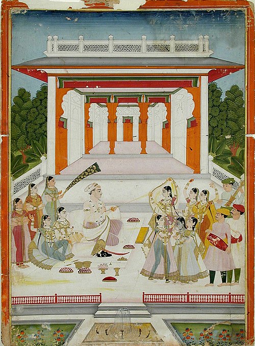 A maharaja playing Holi with women and musicians near a garden pavilion, , 