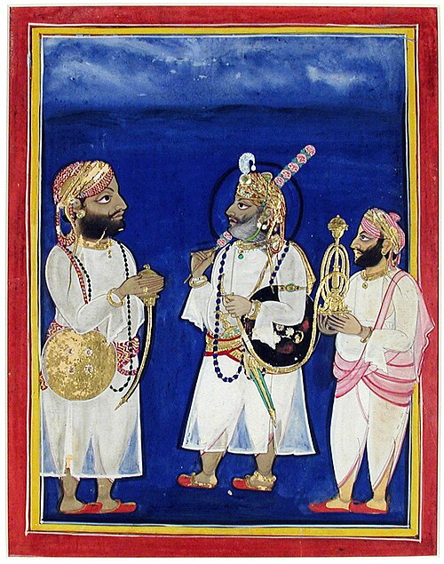 A maharana with two attendants carries sword and hookah, , 