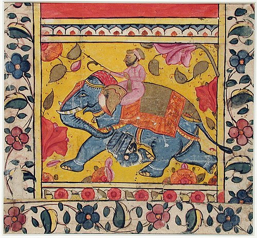 A mahout driving an elephant through a flowered field, , 