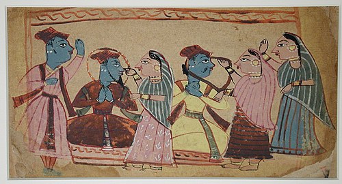 Three blue men with three women, , 