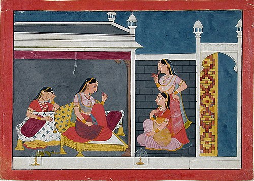 Three women in conversation, , 
