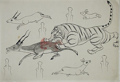 Tiger pouncing on an antelope, , 