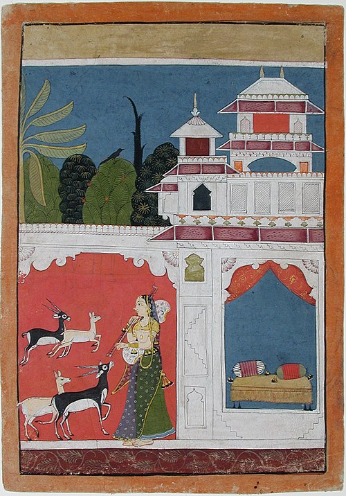 Todi ragini- A woman playing the vina to four deer in front of a pavilion, , 