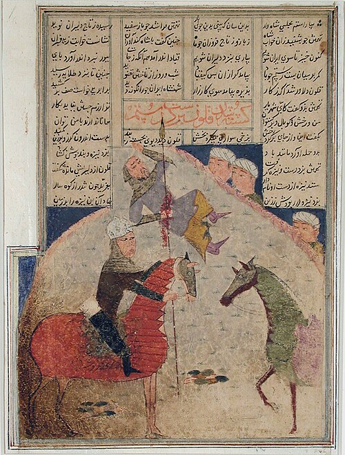 Two horsemen, one impaled on a spear, , 