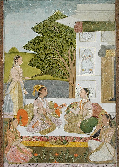 Two women and musicians seated outside a pavilion, , 