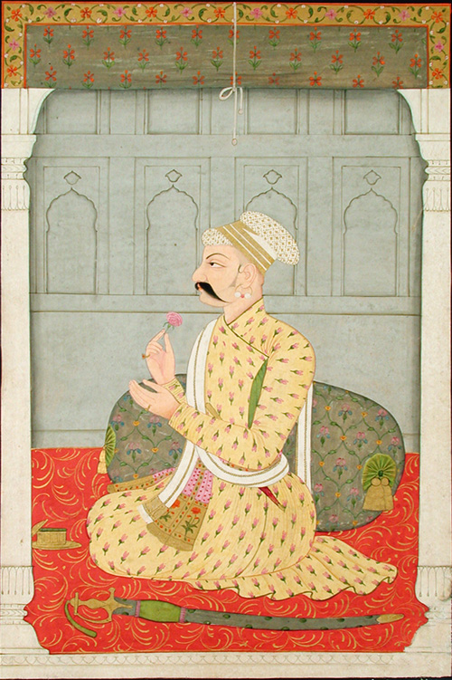 Vasudev-ji, kneeling against a bolster, , 
