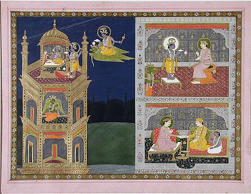 Vishnu approaches a golden tower on Garuda, , 
