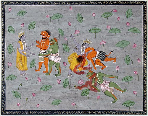 Vishnu kills two demons in a lotus pool, , 