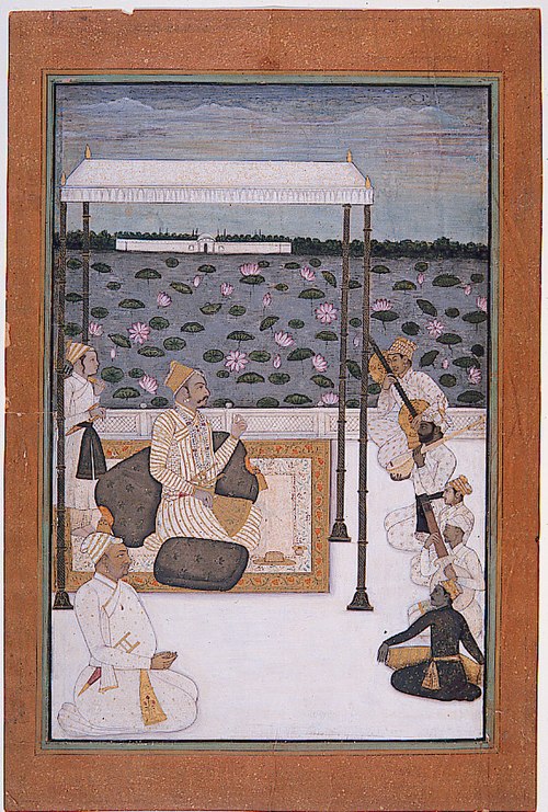 A nobleman listens to music under a canopy on a terrace by a lake, , 