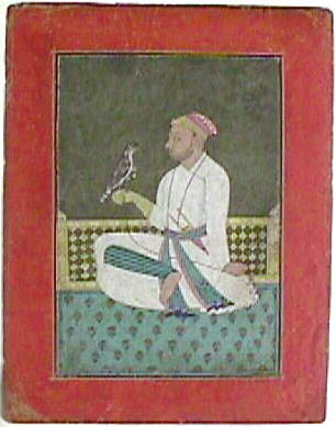 A Pahari raja seated on a terrace holding a hawk, 1750, 