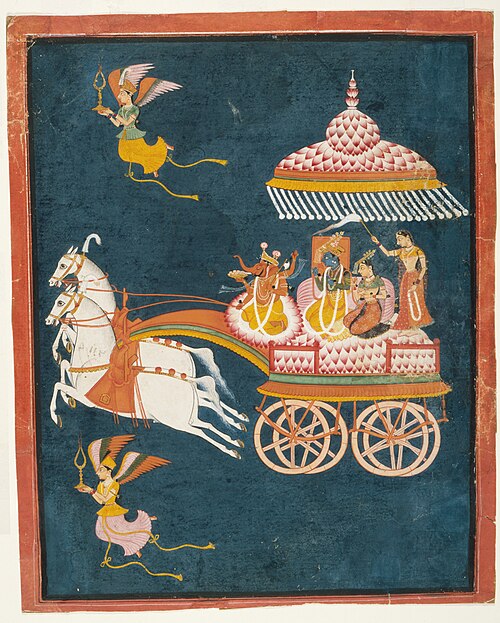 Krishna and Rukmini as Groom and Bride in a Celestial Chariot Driven by Ganesha, 1700, 