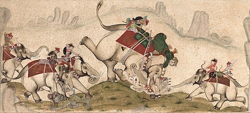 Lion hunt on elephants, 1800, 
