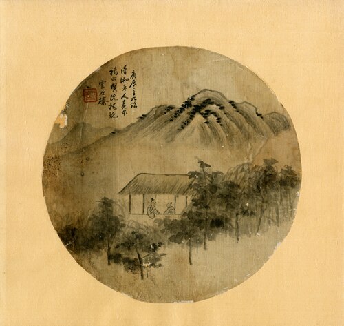 Album painting of two men in a cottage in a mountain landscape, , 