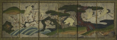 Screen painting of five cranes (three flying), with a rushing stream on the left and the bank on the, , 