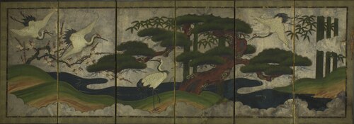 Screen painting of four cranes (three flying), with flowing water, bamboo, and cherry blossoms, , 