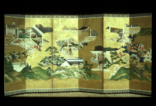 Six panel screen with scenes from the Tale of Genji, , 