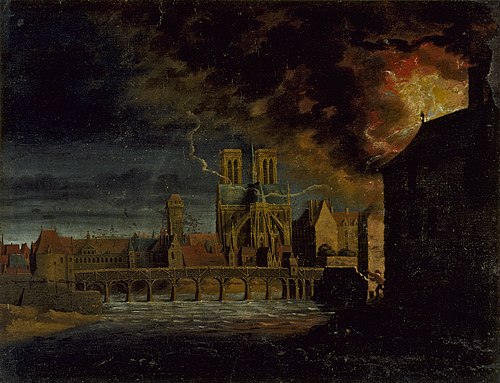 Le chevet de Notre-Dame, le pont de la Tournelle et l'île Saint-Louis, durant un incendie., 1640, 