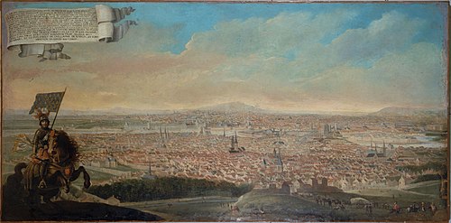 Vue cavalière de Paris avec le portrait équestre de Pépin des Essarts, 1645, 