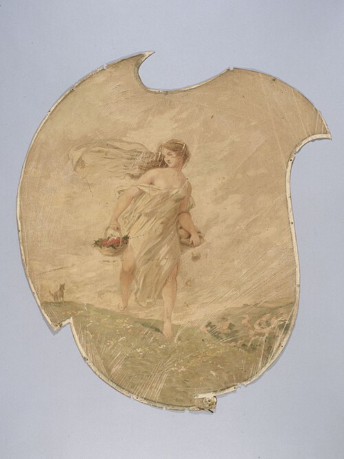 Femme portant un panier de fruits rouges et un panier de champignons. Peinture décorative pour le Ca, 1900, 