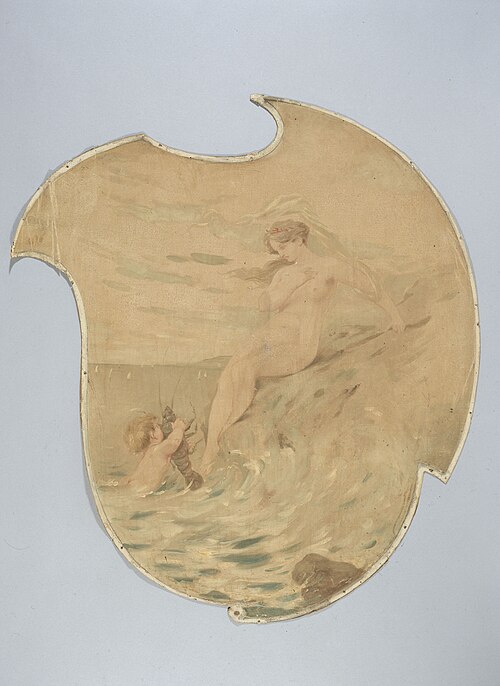 Femme au bord de la mer avec un enfant portant une écrevisse. Peinture décorative pour le Café de Pa, 1900, 