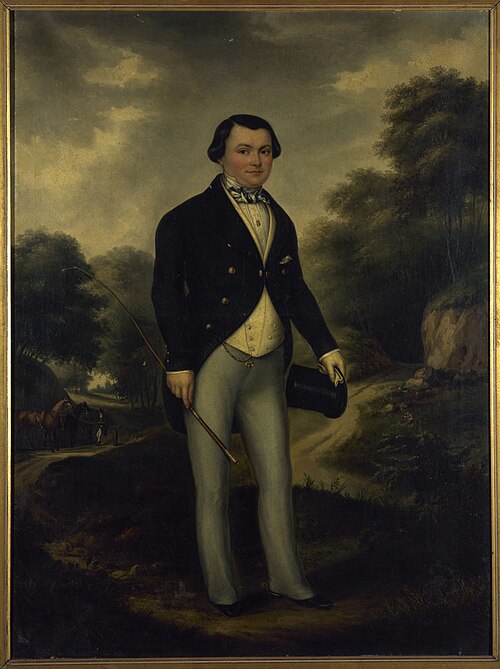 Portrait d'Alexandre Pérumon (1815-1886), en tenue de cavalier, au bois de Boulogne, 1845, 