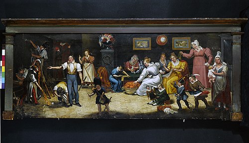 Au bon père de famille. Enseigne de tapissier-décorateur. Rue Mouffetard, 5ème arrondissement, Paris, 1825, 